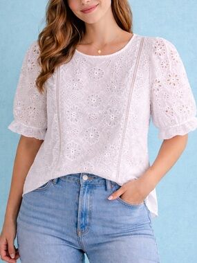 Talbots White Eyelet Lace Blouse | XL | 100% Cotton | Feminine Puff Sleeve Top